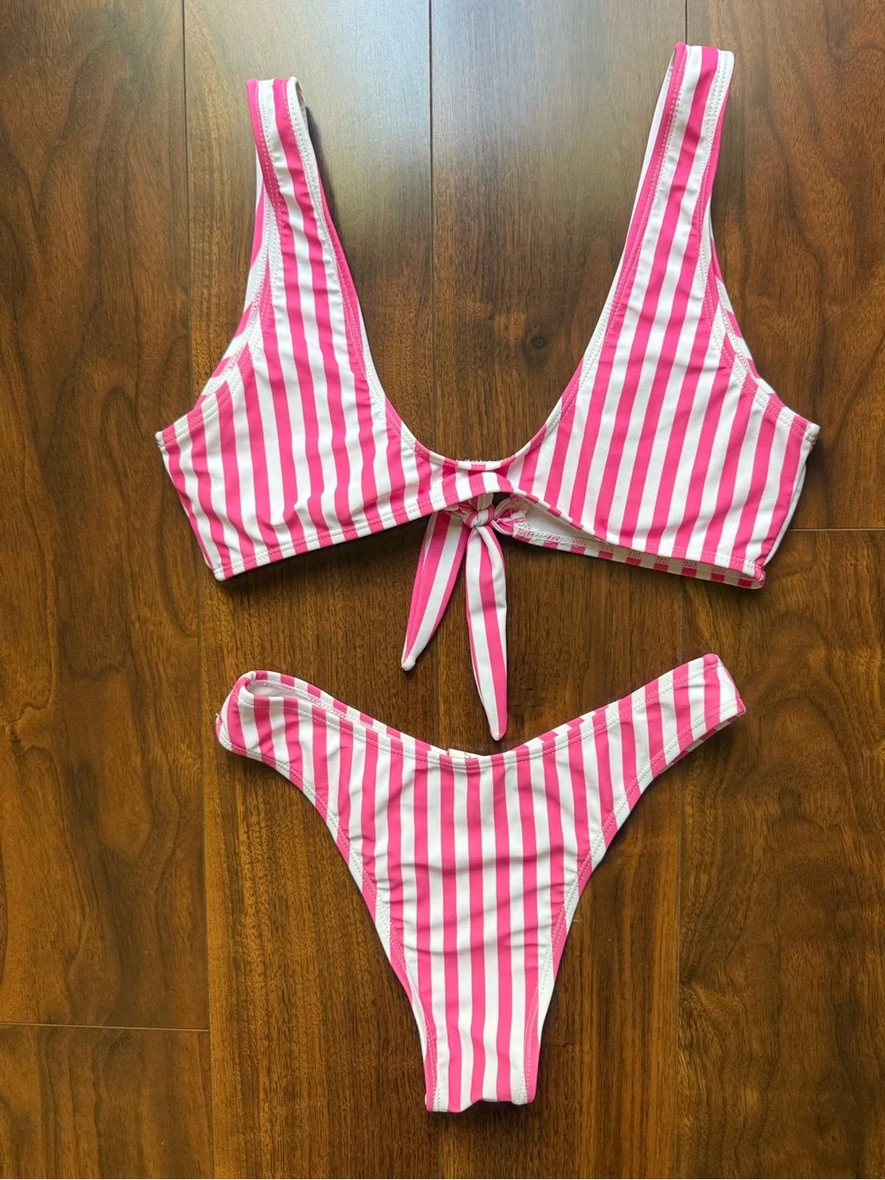 Pink and White Striped Bikini Set with Tie Front Top and Cheeky Bottoms / Small - Picture 2 of 5